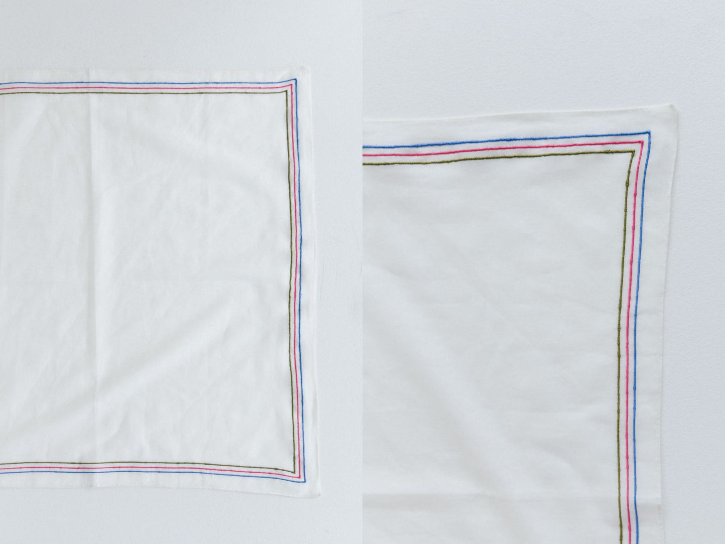 製造工程上、刺繍部分の影響により、ハンカチ本体に若干の歪みが見られる場合があります。